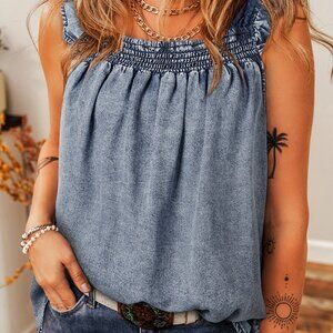B246 Ashleigh Blue Ruffled Shirred Neckline Sleeveless Denim Tank Top